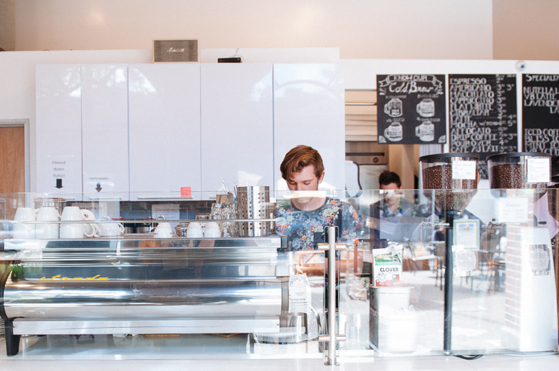 The espresso bar features a beautiful, curvaceous La Marzocco Strada.